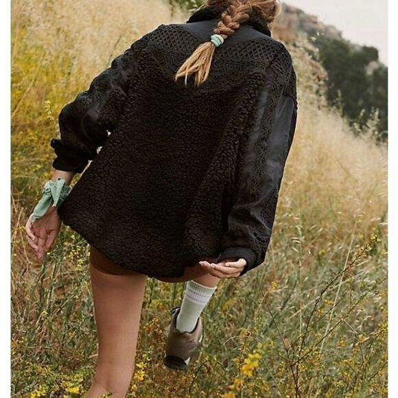 Free People FP Movement Black Care Seaside Fleece Crochet & Embroidered Pullover - Picture 3 of 14